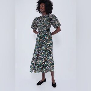 HYACINTH HOUSE Samantha Dress M Black Floral Smocked Midi NWT Cottagecore